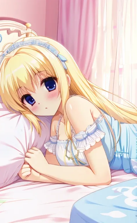 Beautiful long blonde girl　negligee　White and light blue diapers　night　Lie down in bed　