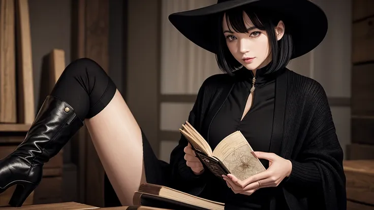 a woman reading a grimoire, black hat, black boots, black long cardigan, white dress, black hair, short bob