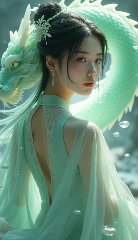 A beautiful Chinese goddess like jade gazes longingly at the audience over her shoulder, wearing a Chinese dress and standing gracefully. Her black hair is left in bangs, Zhongfenghua style. A perfect Chinese dragon made of jade crystal wraps around the go...