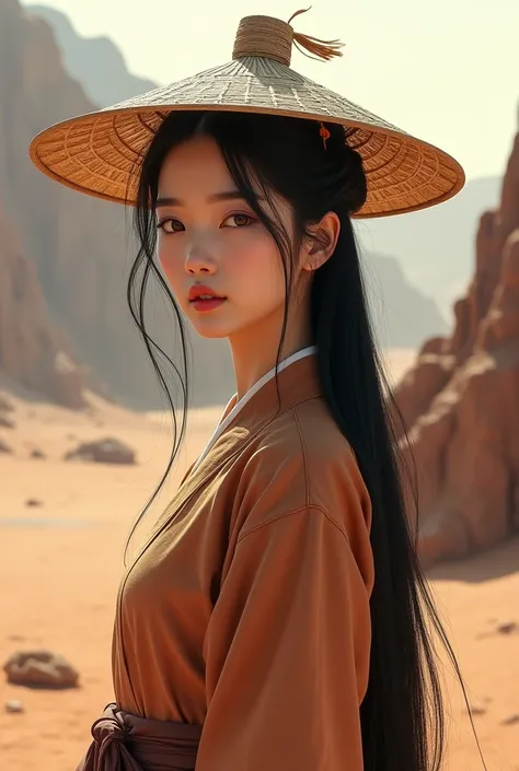 Chinese woman 20 years old, fine strokes, Watchful eyes, slender, long straight black hair, Wearing a straw hat, wearing wuxia clothes, em um deserto com canions, view from side, full body shot shot, best qualityer.