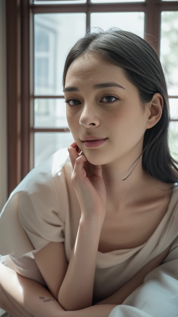 1girl, asian idol, close-up, collarbone, photo, film, depth of field, ((young Marion Cotillards striking eyes and young Anne Hathaways introspective gaze)), long slimmed face, slimmed long wavy nose, thin lips, porcelain skin texture, t-shirt, rubber band,...