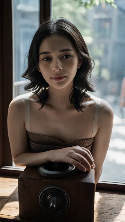 1girl, asian idol, close-up, collarbone, photo, film, depth of field, ((young Marion Cotillards striking eyes and young Anne Hathaways introspective gaze)), long slimmed face, slimmed long wavy nose, thin lips, porcelain skin texture, t-shirt, rubber band,...