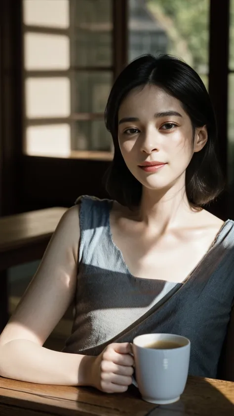 1girl, asian idol, close-up, collarbone, photo, film, depth of field, ((young Marion Cotillards striking eyes and young Anne Hathaways introspective gaze)), long slimmed face, slimmed long wavy nose, sincerely wided smile, thin lips, porcelain skin texture...