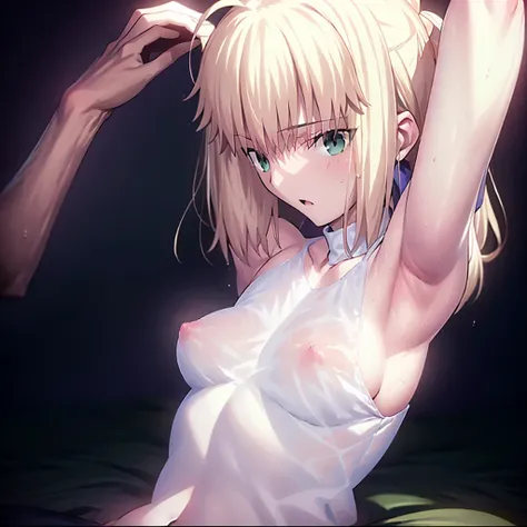 High resolution, 最high resolution,high resolution,{Things to know_f de stay night ufotable:1.15}, Rubio_ Best Quality, masterpiece, フルnude,Sweatだく,Blushing,smile,Armpitアップ,Sweat,Armpitを広げて見せている,bed,Moist,Blonde,whole body,pubic hairあり,Love juice,Armpit,sid...