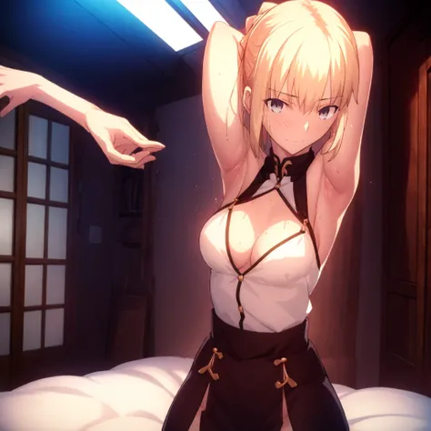 High resolution, 最high resolution,high resolution,{Things to know_f de stay night ufotable:1.15}, Rubio_ Best Quality, masterpiece, フルnude,Sweatだく,Blushing,smile,Armpitアップ,Sweat,Armpitを広げて見せている,bed,Moist,Blonde,whole body,pubic hairあり,Love juice,Armpit,sid...