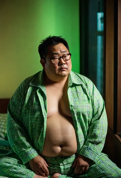 Man, Asian, 50 years old, Fat, Chubby, wearing glasses, wearing light green plaid an unbuttoned shirt, pajamas , Shirtless, bedroom, by side the window, night time, looking sad, sharp image, beautiful lighting.