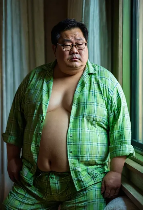 Man, Asian, 50 years old, Fat, Chubby, wearing glasses, wearing light green plaid an unbuttoned shirt, pajamas , Shirtless, bedroom, by side the window, night time, looking sad, sharp image, beautiful lighting.