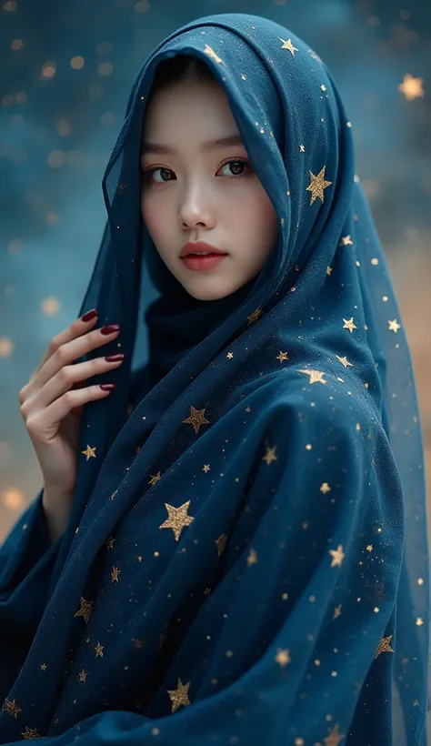 Craft a celestial themed portrait of a beautiful Chinese girl in long hijab and Abaya. Illuminate the hijab with stars and galaxies, blending the earthly with the cosmic in a mesmerizing and ethereal composition, 8mm, cool-toned color grading, depth of fie...