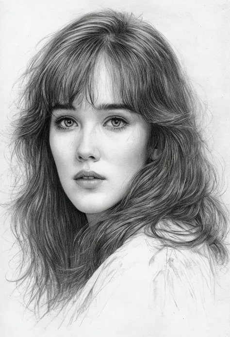 a delicate, graphite sketch portrays, a beautiful young isabelle adjani,  without background, her features rendered in subtle sh...