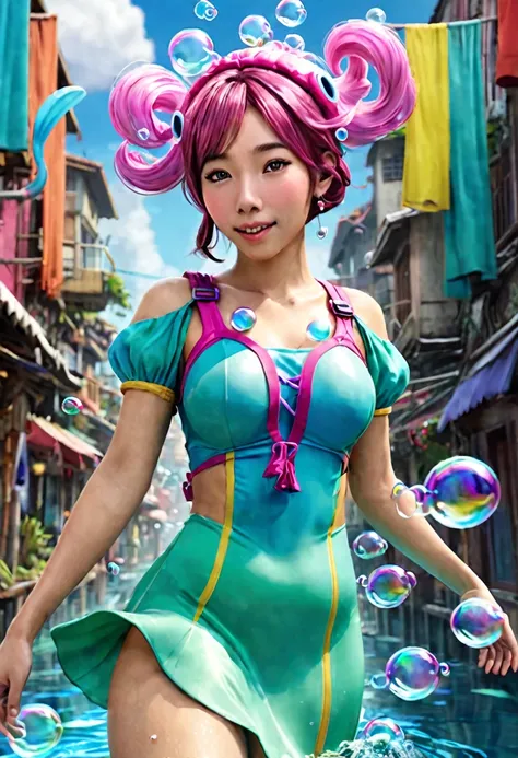 (realistic fantasy) A cute Yuna (brightly colored skin, cute colorful dress), yuna is portray a Snorkel cartoon TV character, happily going abut her city life while breathing bubbles out the snorkel on her head
