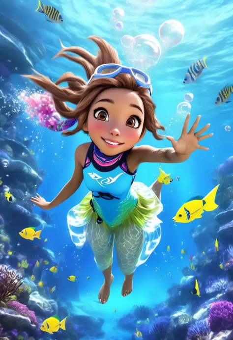 (realistic fantasy) A cute Yuna (brightly colored skin, cute colorful dress), yuna is portray a Snorkel cartoon TV character, happily going abut her city life while breathing bubbles out the snorkel on her head
