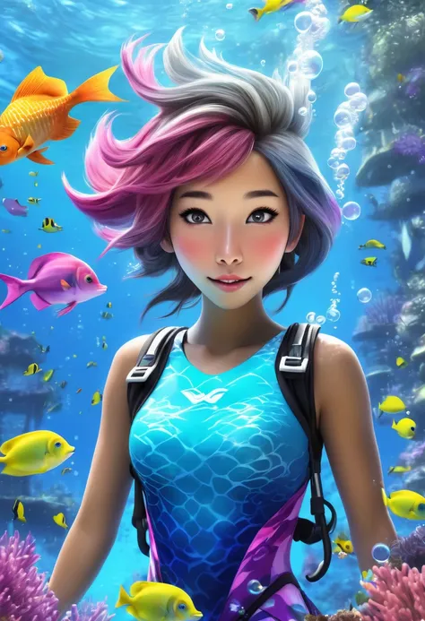 (realistic fantasy) A cute Yuna (brightly colored skin, cute colorful dress), yuna is portray a Snorkel cartoon TV character, happily going abut her city life while breathing bubbles out the snorkel on her head
