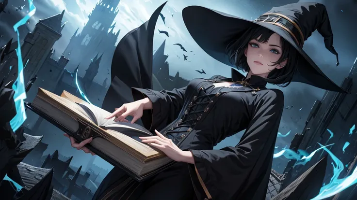 Wearing a pointed hat that matches an intricate black outfit。, A witch with short black hair and bob holding two magic books high in a dynamic pose。, floating pose. Mysterious elements swirling in the background、Create a vibrant and magical atmosphere。. da...