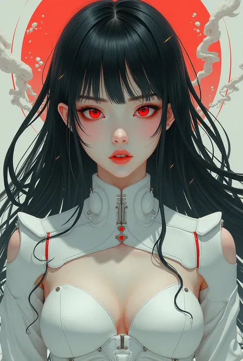 black hair, white woman, red eyes, white clothes, ((best quality)), ((masterpiece)), (detailed), perfect face of cyberpunk mecha japanese girl, surreal, art nouveau, in the illustrative style of moebius, ethereal, 