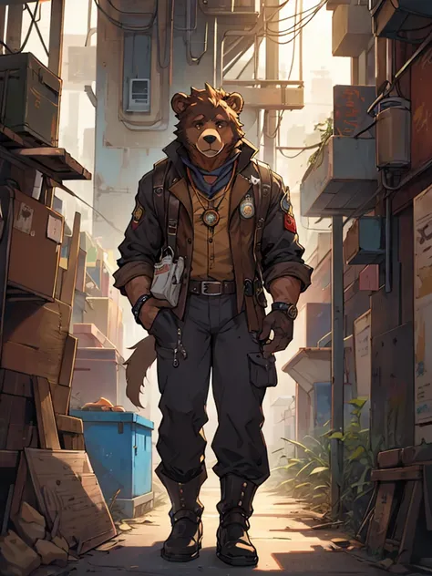 a middle-aged male bear humanoid, bear ears, bear tail, mechanical engineer, wearing a mechanic's suit, in a steampunk style mec...