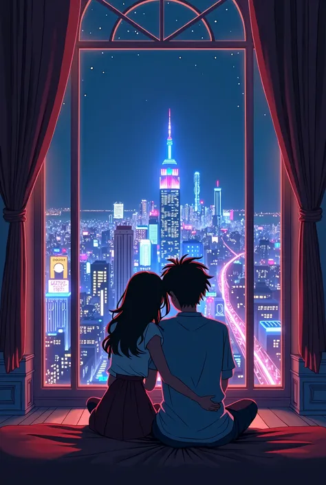 Enjoying the music with a big smile、Lofi anime couple silhouette cuddling in a palace with a city view lit by neon signs, Perspective, 