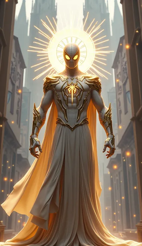 Generate an image of "The Savior Spider man - a Spider-Man inspired by Christianity. He wears a white and gold costume with a cross emblem on his chest. A halo-like aura surrounds him, with rays of light shining down. In the background, a cityscape with a ...