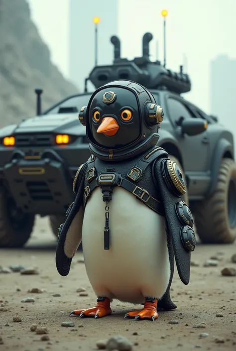 A Penguin wear cyber punk helmet and load with various type of gun and he stand front of a high tech car which is made for war and background is like post apocalypse
