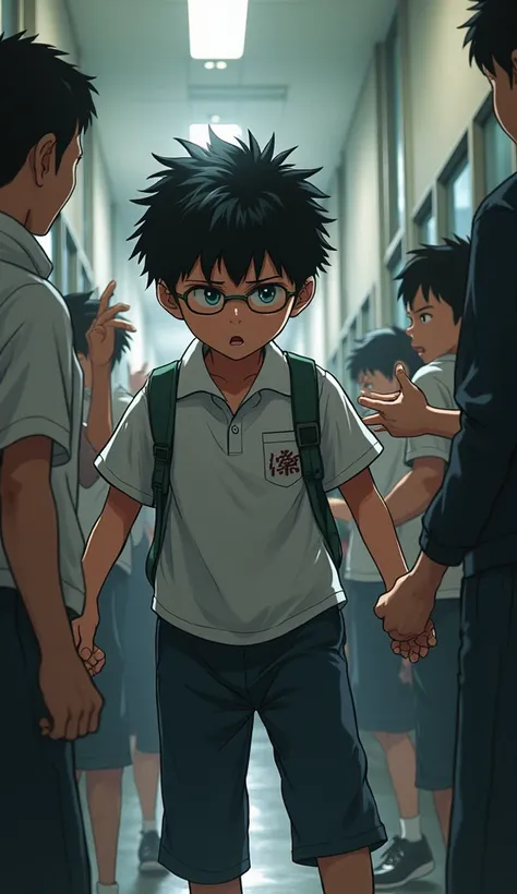 ((Highest quality)), ((masterpiece)), (detailed), Japanese junior high school students,school uniform,Chubby male student with glasses being subjected to violent bullying,Biggest impact