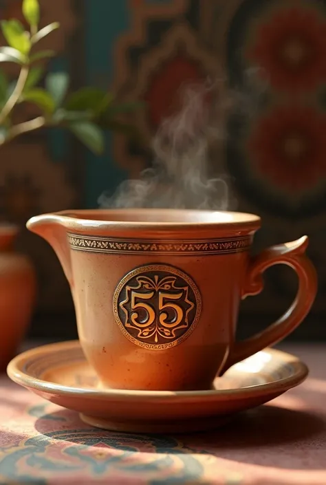  coffe cup. Give a Arabian vibe in it. "55" is the logo.Use 55 in the middle lf the cup.Readymade cups,not glass cup