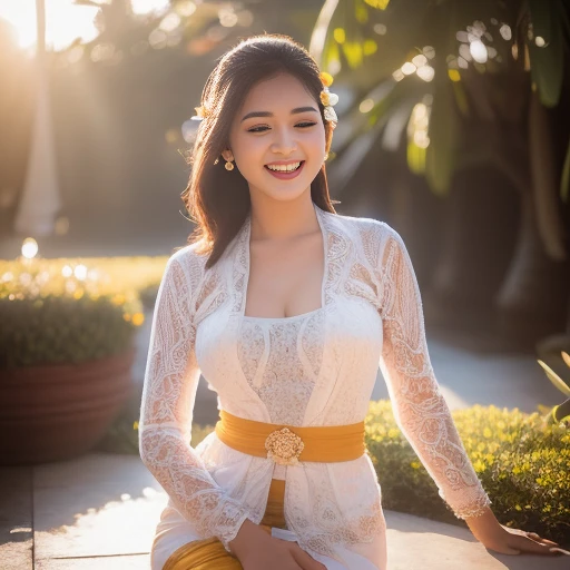 1girl, (white_kebaya_bali), (kebaya_bali), flower, sunlight, sitting, nature, outdoors, detailed face, detailed eyes, huge breasts, shiny skin, looking at the audience, (laughing cute: 1.2), (happy), (8k, RAW photo, best quality, masterpiece: 1.2), (realis...