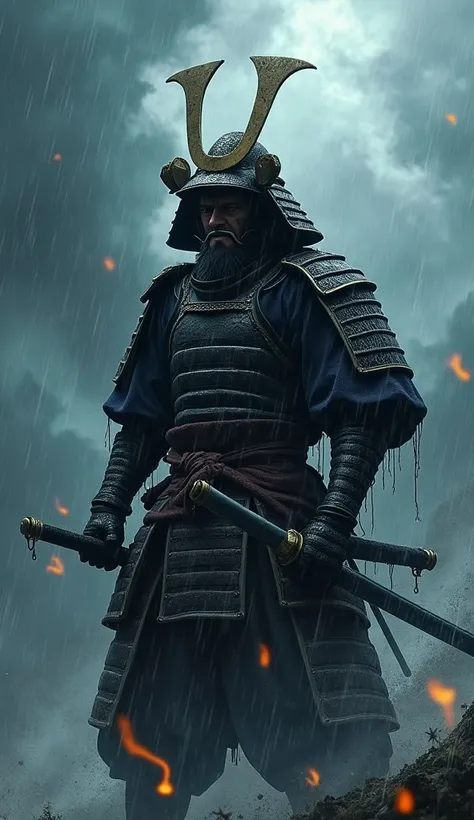 A fierce samurai standing unyielding in the middle of a storm, with rain pouring around him. His sword is drawn, cutting through the chaos, representing unstoppable power amidst natures fury. Dark clouds swirl behind him, but his form remains strong and un...