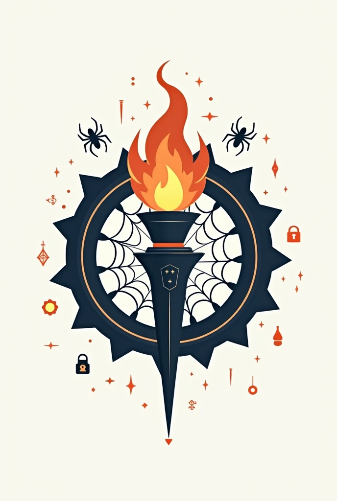 Intelligence Agency Insignia.Incorporate  eliments like a lit torch, cercular shield,spiderweb,key and lock etc, title banner etc..Very high quality 2D illustration.2D vectorinsignia.Blank Background.Simple and Subtle designs.Sleek and streamlined aestheti...