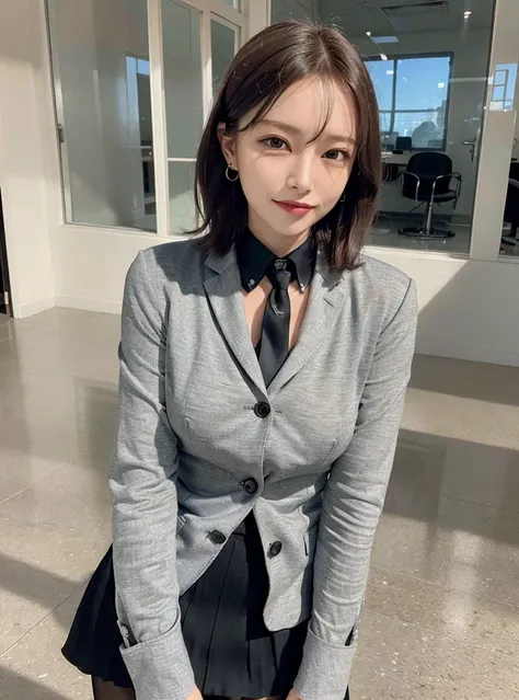 (8k, Highest quality, masterpiece:1.2), (Realistic, Realistic:1.37), Super detailed, 1 girl, whole body, Outdoor, (Tuned Hair:1.5) office lady, black office blazer, Office Skirt, (pantyhose: 1.2), (Short Button Down Shirt: 1.2), Button-up collar prim, Butt...