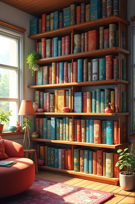 Pretty colorful Book shelf with fictional books