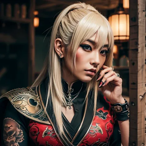 1 woman Japanese woman, female, Asian eyes, muscular, broad shoulders, yakuza tattoos, hairstyle Visual Kei style, hair Visual Kei, streampunk outfit, ultra detailed face, hyperrealistic, realistic representation, long hair, 40 years old, age 40 years, blo...