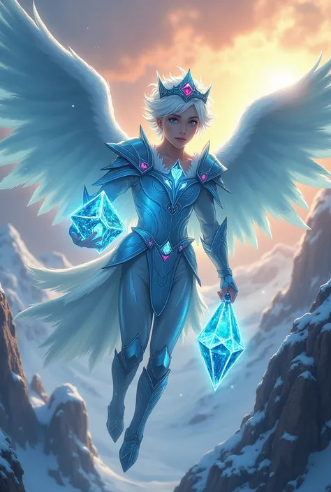 A Boy Age 18 with White Hair and handsome Face white skin and Blue Ice Eyes colored,wear Blue ice Chestplate Armor blue Ice legging armor Blue ice Boots,Wear A Blue Sapphire Crown with Ruby gems at Crown,Have A Blue Big Wings The wings are spread,He Carryi...