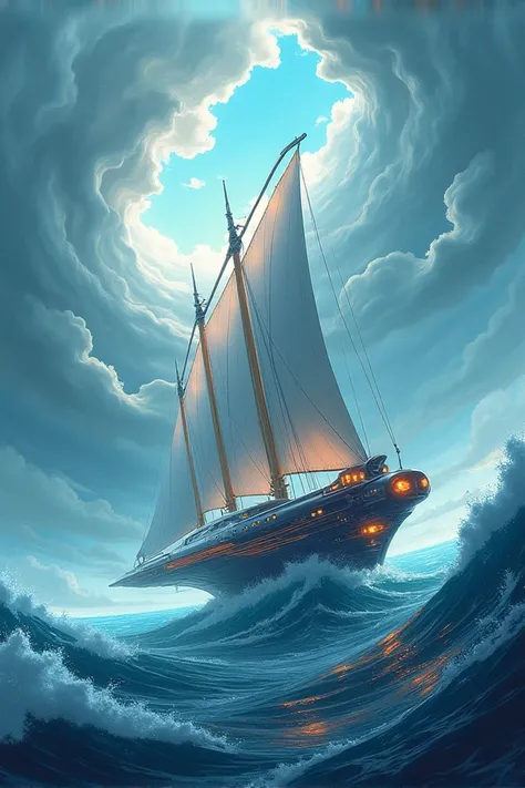 ethereal fantasy concept art of sailing ship in the middle of the ocean,big storm at sea, science fiction, highly detailed, dynamic angle, intricate details, futuristic utopia, alternative life, alternative transportation, high quality, exciting mood, euph...