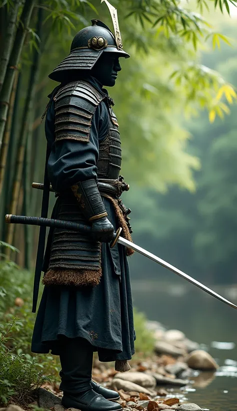 A lone, faceless samurai stands beside a quiet bamboo grove, gripping his katana with both hands in a ready stance. His armor is detailed and weathered, reflecting the natural light filtering through the bamboo leaves. The realistic textures of the bamboo ...