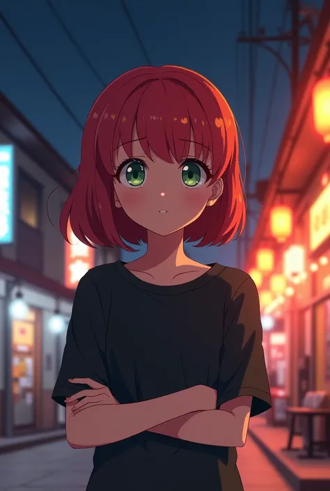 Clear, Here I leave you only the text you need:

"Generates an anime girl with short red hair and green eyes, that is in a relaxed position with arms crossed. She is wearing a black T-shirt and is standing in front of a store lit up at night.. The backgrou...