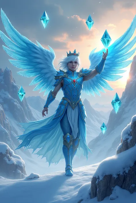 A Boy Age 18 with White Hair and handsome Face white skin and Blue Ice Eyes colored,wear Blue ice Chestplate Armor blue Ice legging armor Blue ice Boots,Wear A Blue Sapphire Crown with Ruby gems at Crown,Have A Blue Big Wings The wings are spread,He Carryi...