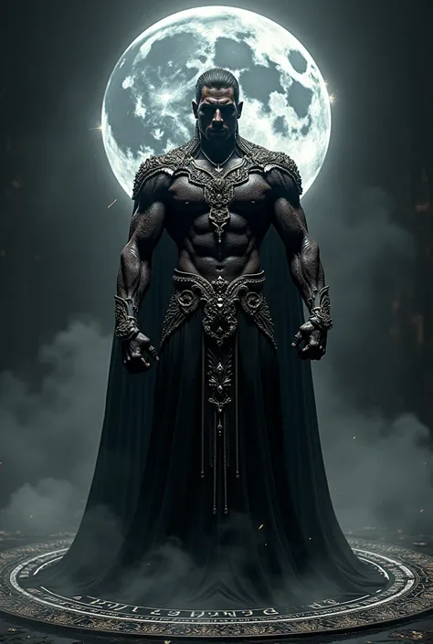 Full Body photorealistic handsome hunky  Celestial Sidapa,,  the god of Death,  Wearing black jewelled costume. His body was covered with bursting energy aura, she is standing on black magic circle..