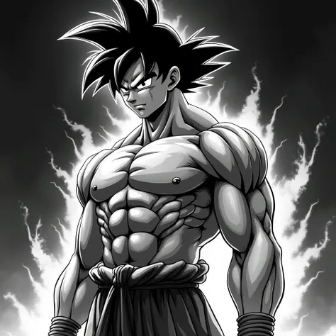 make me a picture of Goku in ultra instinct mode, without any clothes on, and facing sideways so that with an angry but cold expression it shows the left side of him, make this as detailed as the comic version and make this picture black and white like the...