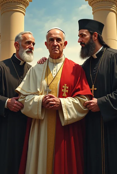 Visual representations of religious figures such as the Pope, an evangelical pastor and an Islamic leader, emphasizing the diversity and influence of these figures in the region.