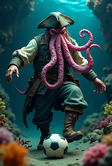 davy jones pirates of the caribbean, A pirate, wearing Pirate hat, a pirate Clothes, with a Pink squid tentacle beard, Slimy, moving tentacles, Kicking a soccer ball,, black gradient background Under the sea, Field Grass under the sea with coral around it,...