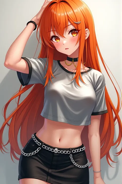 an anime girl with long orange hair, freckles and orange lined eyes,
 A black short with a chain on the waist, a nice Metallic shirt with one hand raised a little, revealing her waist , and a nose piercing.