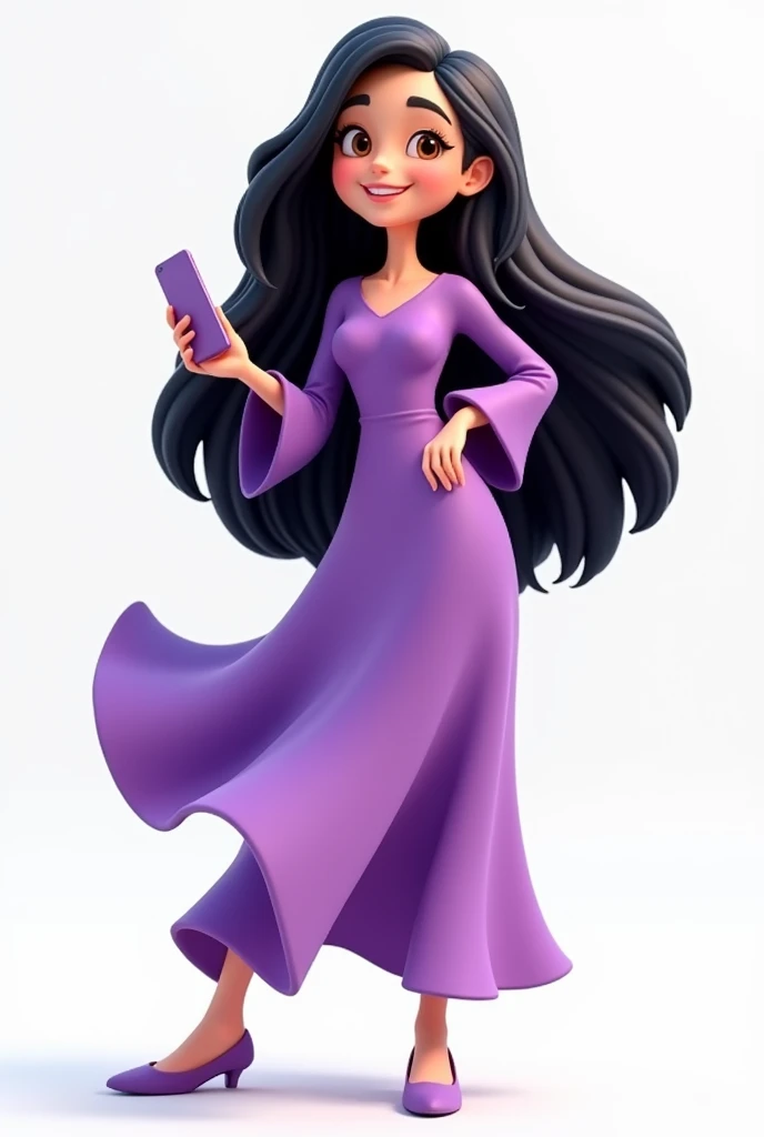 Create a mascot with long black hair, purple dress with sleeves, eyes browns, Grinning, holding a cell phone, com fundo branco,  that doesn&#39;t have an earring, that does not have a necklace 