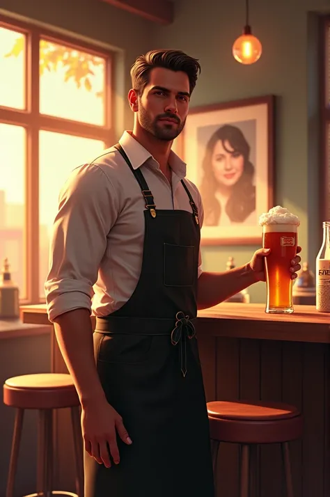 Tall Bartender male serving beer at the bar. Sunshine, Selenas picture and a jar of tips