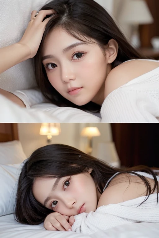 A short woman with a baby face, sharp almond-shaped eyes, high cheekbones, soft features, long hair, lies on her back on the pure white bed with her casual clothes about to take off a little, and shyly looking away in a romantic mood. The camera captured t...