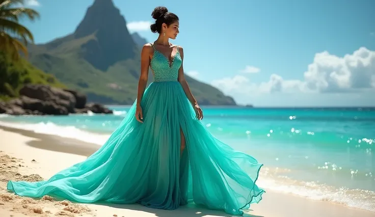 An oceanic princess in a flowing turquoise gown, representing the Caribbean Sea. She stands on the beach, with the Pitons (twin volcanic peaks) rising behind her, and the clear blue waters stretching to the horizon.