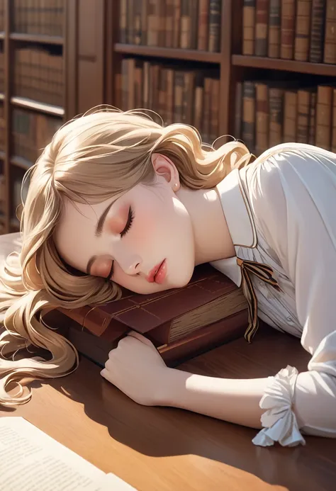 8k,high res,skin details, beautiful facial features,she is lying face down on the desk in the library and taking a nap.classical...