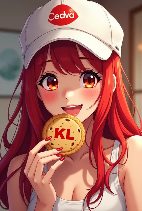 Anime girl  Filipino and white hat with the Cedva logo printed on her, red hair, red nails with a cookie with the KL logo inside and very happy 