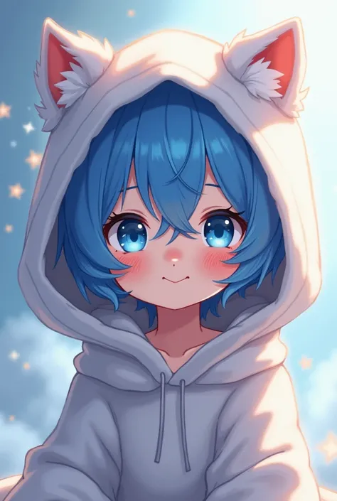 Anime cute boy with blue hair
Wearing hood
Cat ear