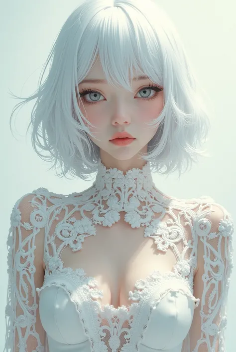 white hair, white woman, white eyes, white lace dress, ((best quality)), ((masterpiece)), (detailed), cyberpunk, mecha, ((japanese girl)), surreal, art nouveau, in the illustrative style of moebius, ethereal, medium breasts, cleavage, ulzzang, 