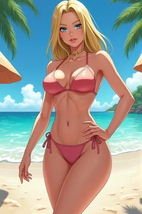 Create an image of a dragon ball character called "android 18" Bikini on a beach