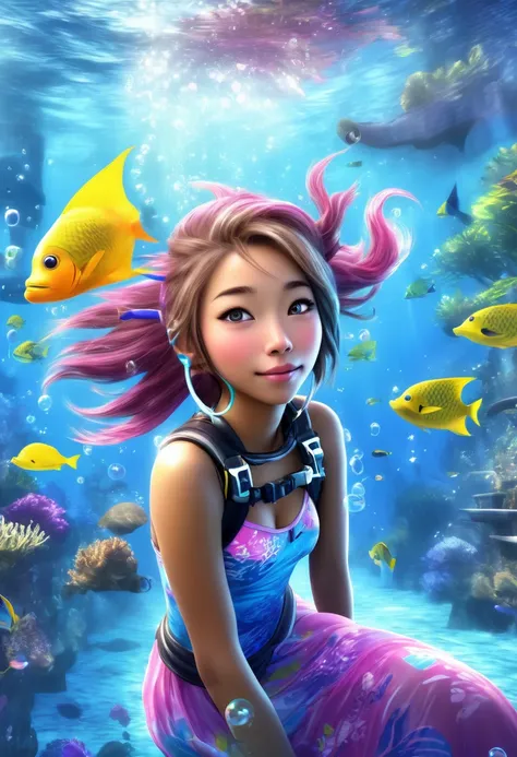 (realistic fantasy) A cute Yuna (brightly colored skin, cute colorful dress), yuna is portray a Snorkel cartoon TV character, happily going abut her city life while breathing bubbles out the snorkel on the top of her head
